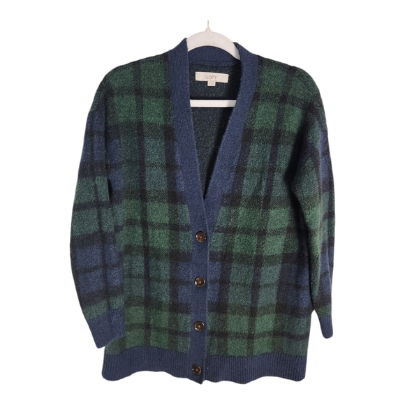 Loft Plaid Boyfriend fit Cardigan size Small wool blend comfy fuzzy oversized - Picture 3 of 7